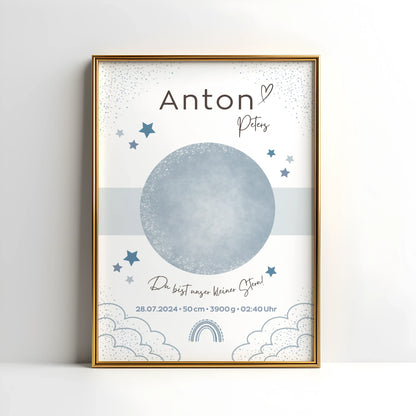 Personalisiertes Geburtsposter mit Sternenhimmel und Fußabdrücken – mit Namen, Geburtsdatum, Uhrzeit, Gewicht und Größe – ideales Geschenk zur Geburt und stilvolle Kinderzimmer-Deko