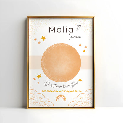 Personalisiertes Geburtsposter mit Sternenhimmel und Fußabdrücken – mit Namen, Geburtsdatum, Uhrzeit, Gewicht und Größe – ideales Geschenk zur Geburt und stilvolle Kinderzimmer-Deko
