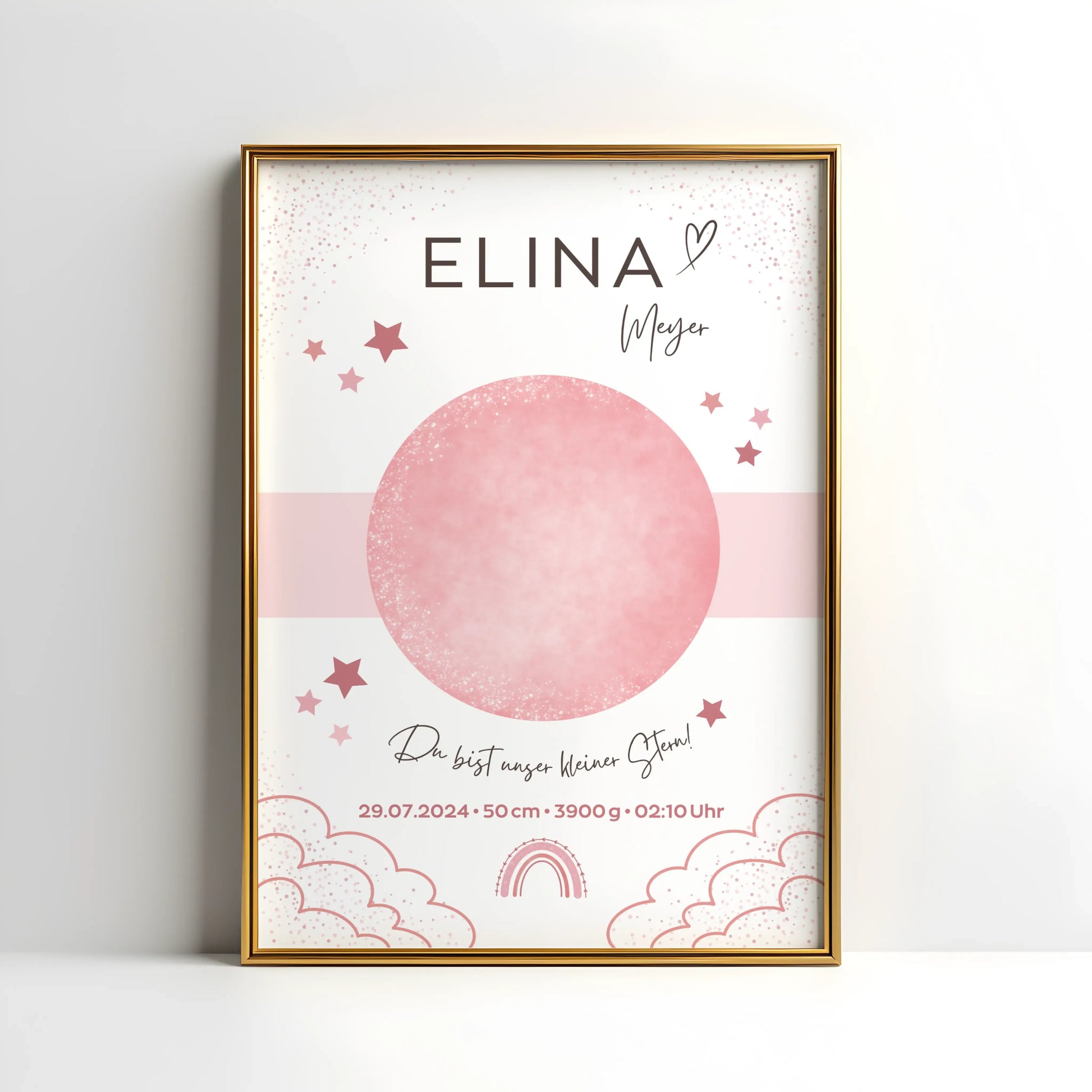 Personalisiertes Geburtsposter mit Sternenhimmel und Fußabdrücken – mit Namen, Geburtsdatum, Uhrzeit, Gewicht und Größe – ideales Geschenk zur Geburt und stilvolle Kinderzimmer-Deko