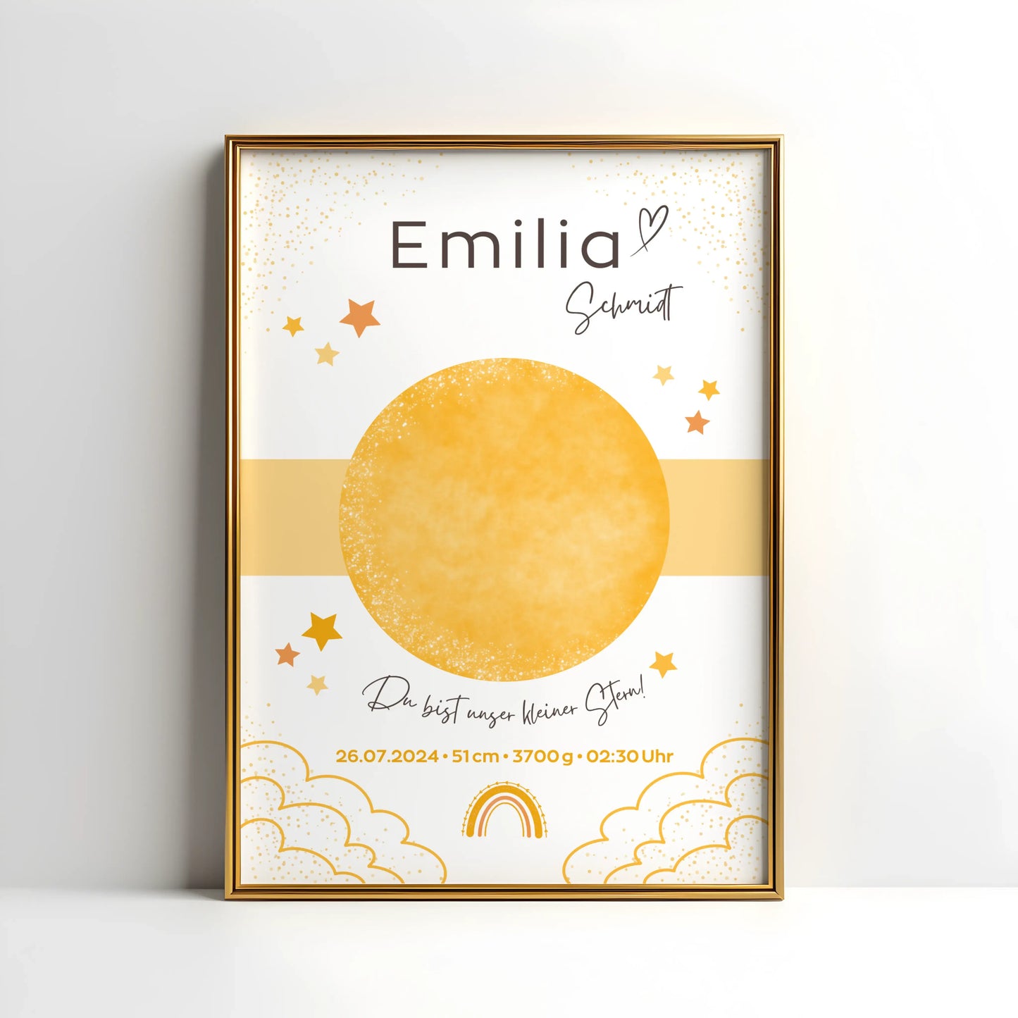 Personalisiertes Geburtsposter mit Sternenhimmel und Fußabdrücken – mit Namen, Geburtsdatum, Uhrzeit, Gewicht und Größe – ideales Geschenk zur Geburt und stilvolle Kinderzimmer-Deko