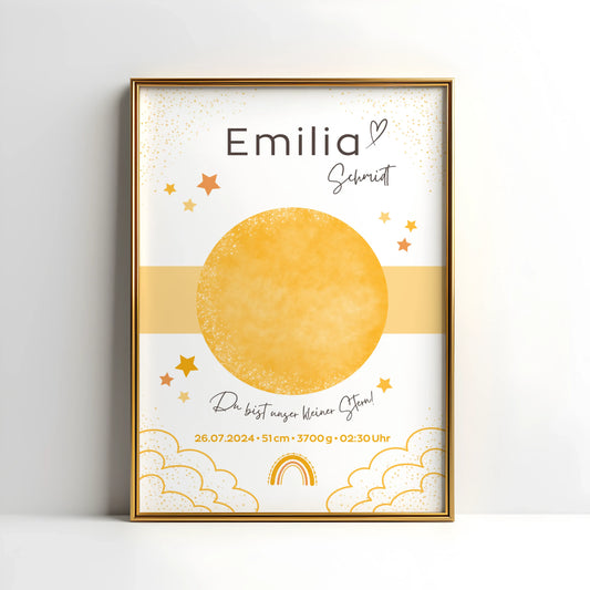 Personalisiertes Geburtsposter mit Sternenhimmel und Fußabdrücken – mit Namen, Geburtsdatum, Uhrzeit, Gewicht und Größe – ideales Geschenk zur Geburt und stilvolle Kinderzimmer-Deko
