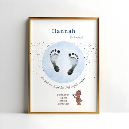 Personalisiertes Geburtsposter mit Hand- oder Fußabdrücken und Name und Geburtsdaten – liebevoll gestaltet in Pastellfarben, als Deko fürs Babyzimmer oder Geschenk zur Geburt