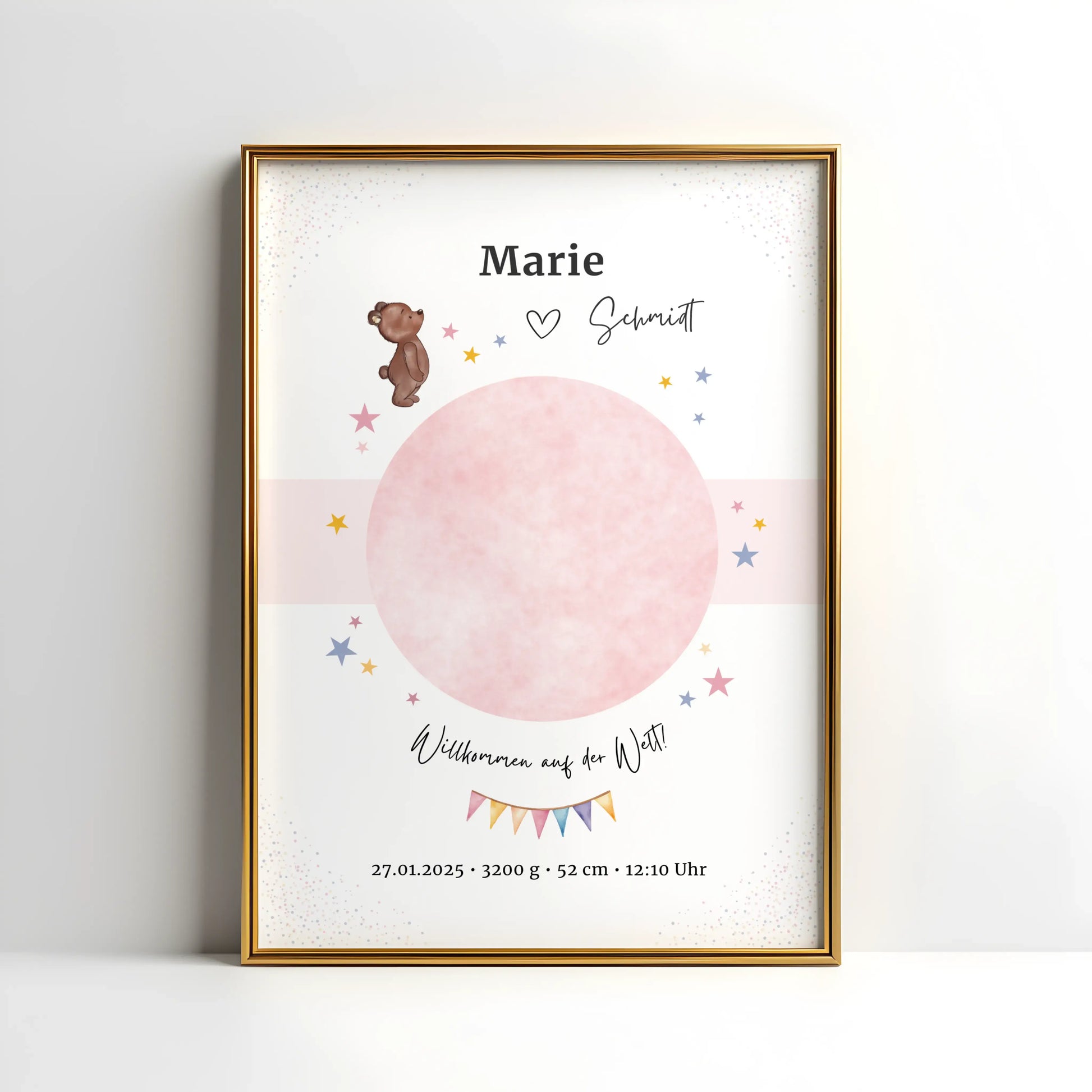 Geburtsposter mit Bärchen-Motiv und persönlichen Daten – ideal fürs Kinderzimmer