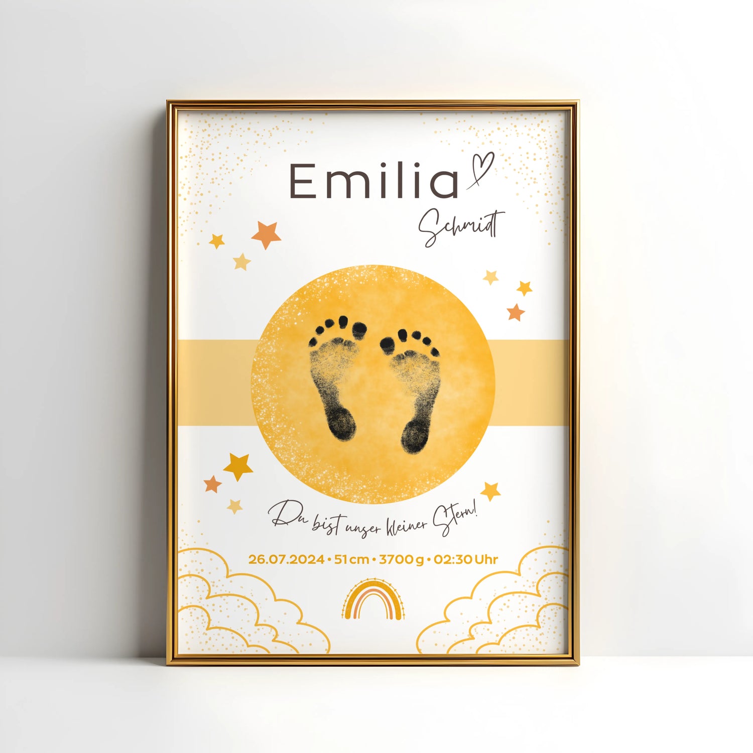 Personalisiertes Babyposter mit Fußabdruck und Regenbogen – liebevolles Geburtsposter mit Name und Geburtsdaten im Sternendesign