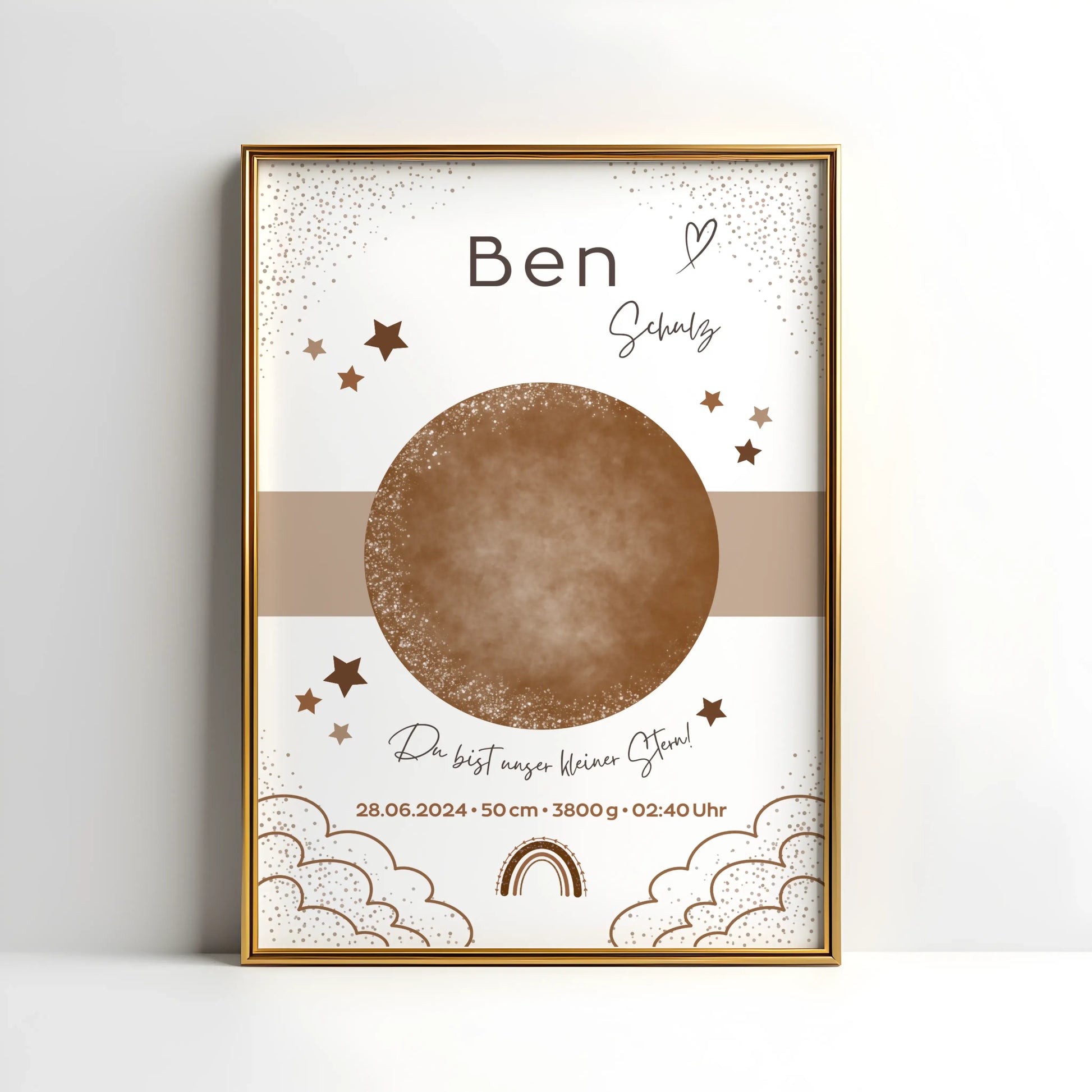 Personalisiertes Geburtsposter mit Sternenhimmel und Fußabdrücken – mit Namen, Geburtsdatum, Uhrzeit, Gewicht und Größe – ideales Geschenk zur Geburt und stilvolle Kinderzimmer-Deko