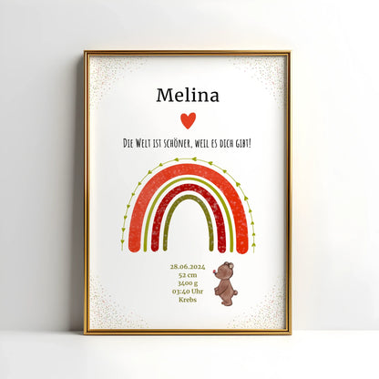 Mit Liebe gestaltetes Regenbogenposter zur Geburt – personalisiertes Babybild mit Name, Datum und Bärchen in warmen Farben fürs Kinderzimmer