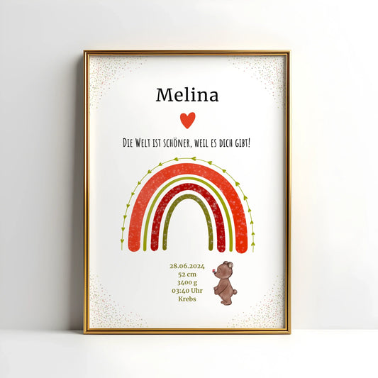 Mit Liebe gestaltetes Regenbogenposter zur Geburt – personalisiertes Babybild mit Name, Datum und Bärchen in warmen Farben fürs Kinderzimmer
