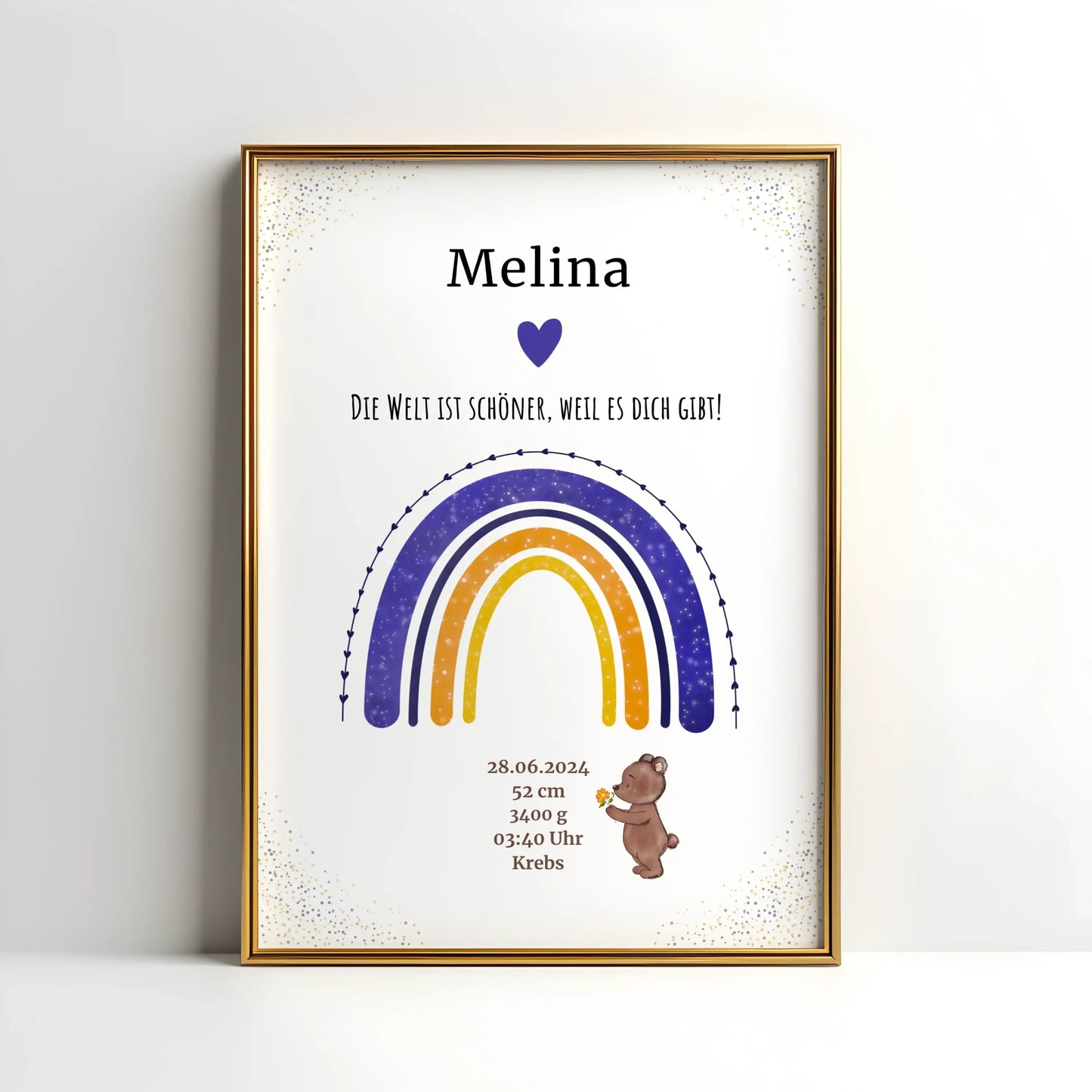 Mit Liebe gestaltetes Regenbogenposter zur Geburt – personalisiertes Babybild mit Name, Datum und Bärchen in warmen Farben fürs Kinderzimmer