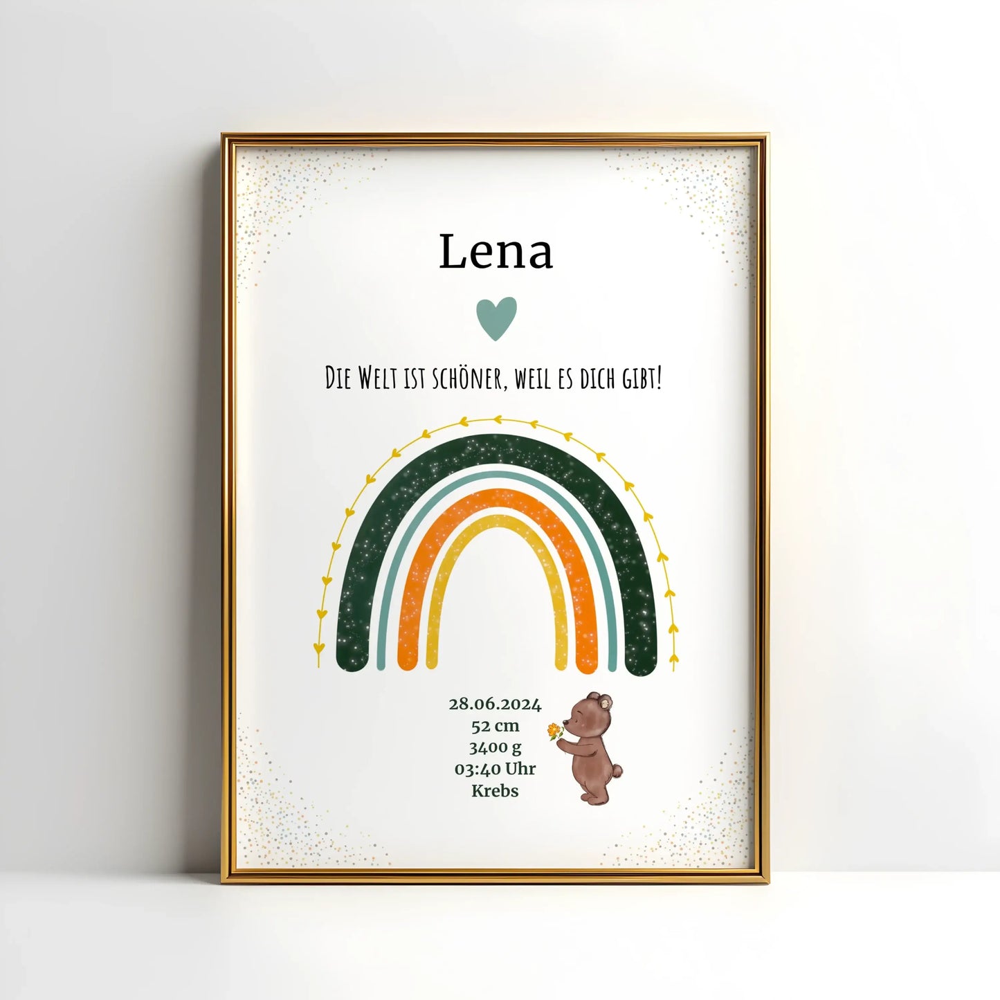 Mit Liebe gestaltetes Regenbogenposter zur Geburt – personalisiertes Babybild mit Name, Datum und Bärchen in warmen Farben fürs Kinderzimmer