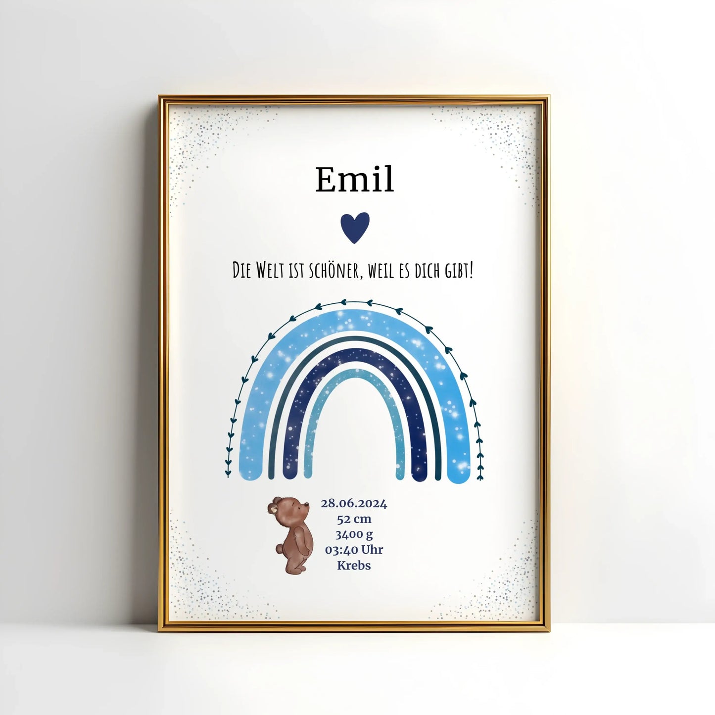 Mit Liebe gestaltetes Regenbogenposter zur Geburt – personalisiertes Babybild mit Name, Datum und Bärchen in warmen Farben fürs Kinderzimmer