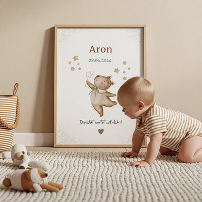 Personalisiertes Geburtsposter Bär – Baby Poster mit Name und Geburtsdatum - Kibimemories