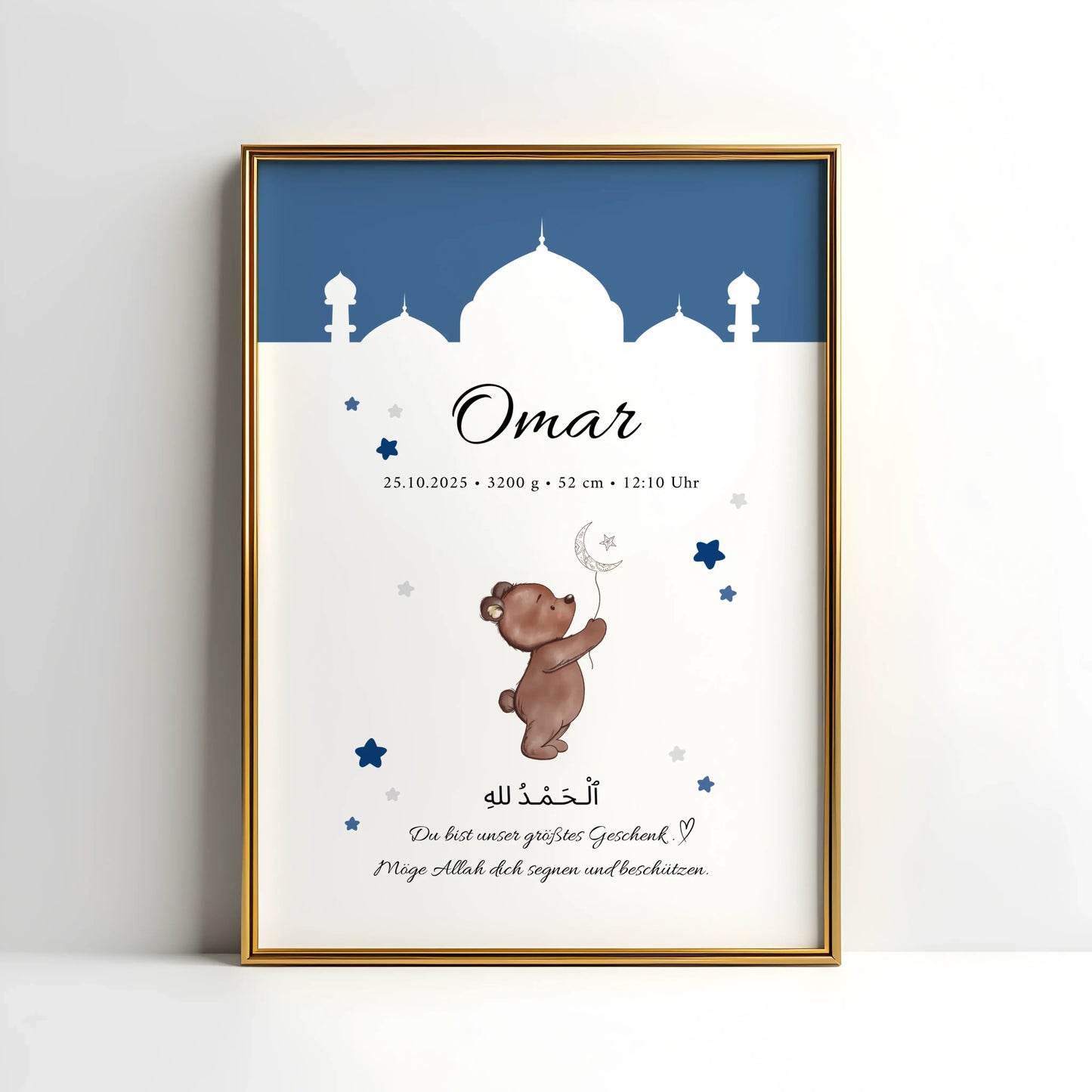 Islamisches Geburtsposter mit Bärchen, Mond und Stern – personalisiert mit Name, Geburtsdaten und arabischem Schriftzug Alhamdulillah