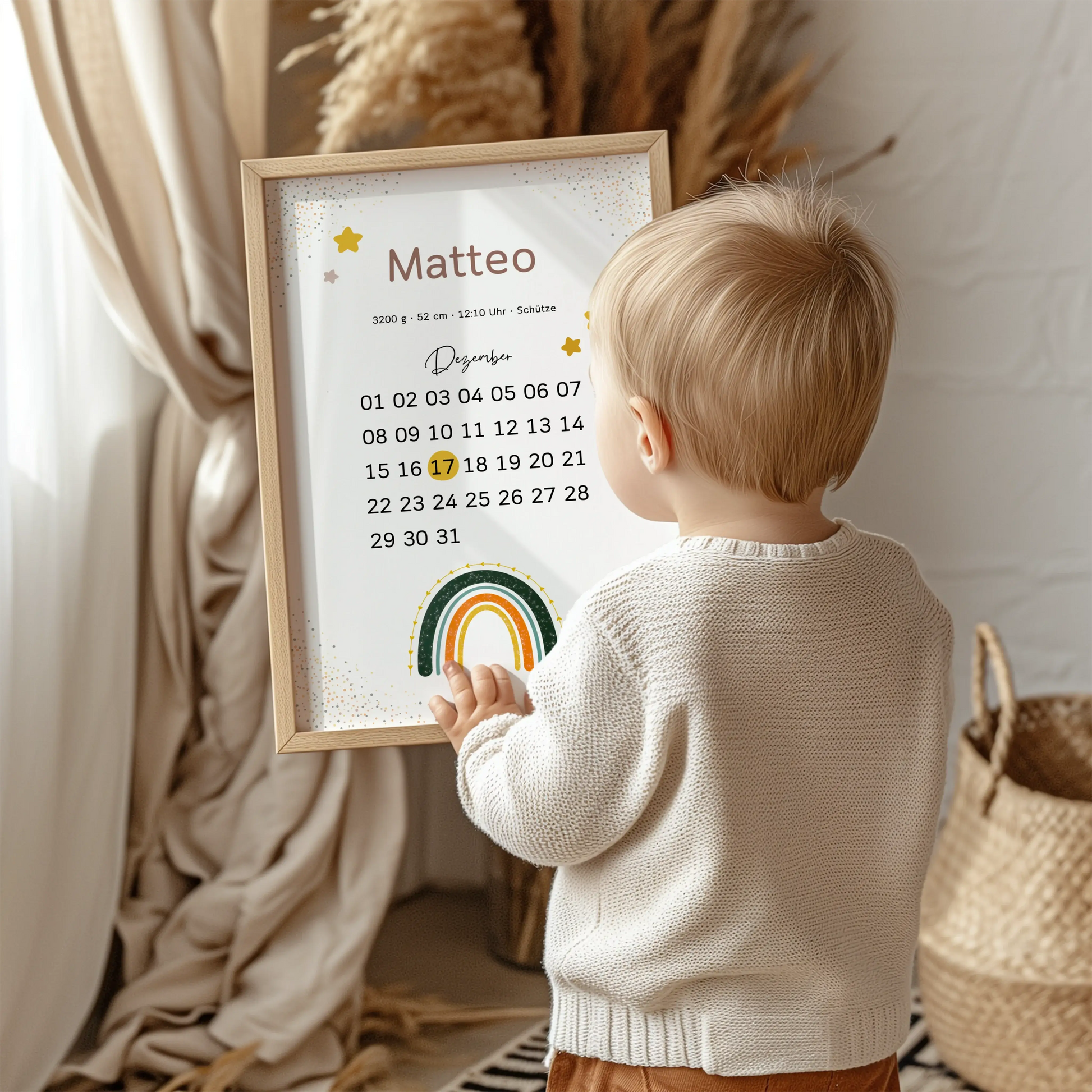 Personalisiertes Geburtsdatum-Poster – Kalenderdesign mit markiertem Tag, Geburtsdaten und Regenbogen