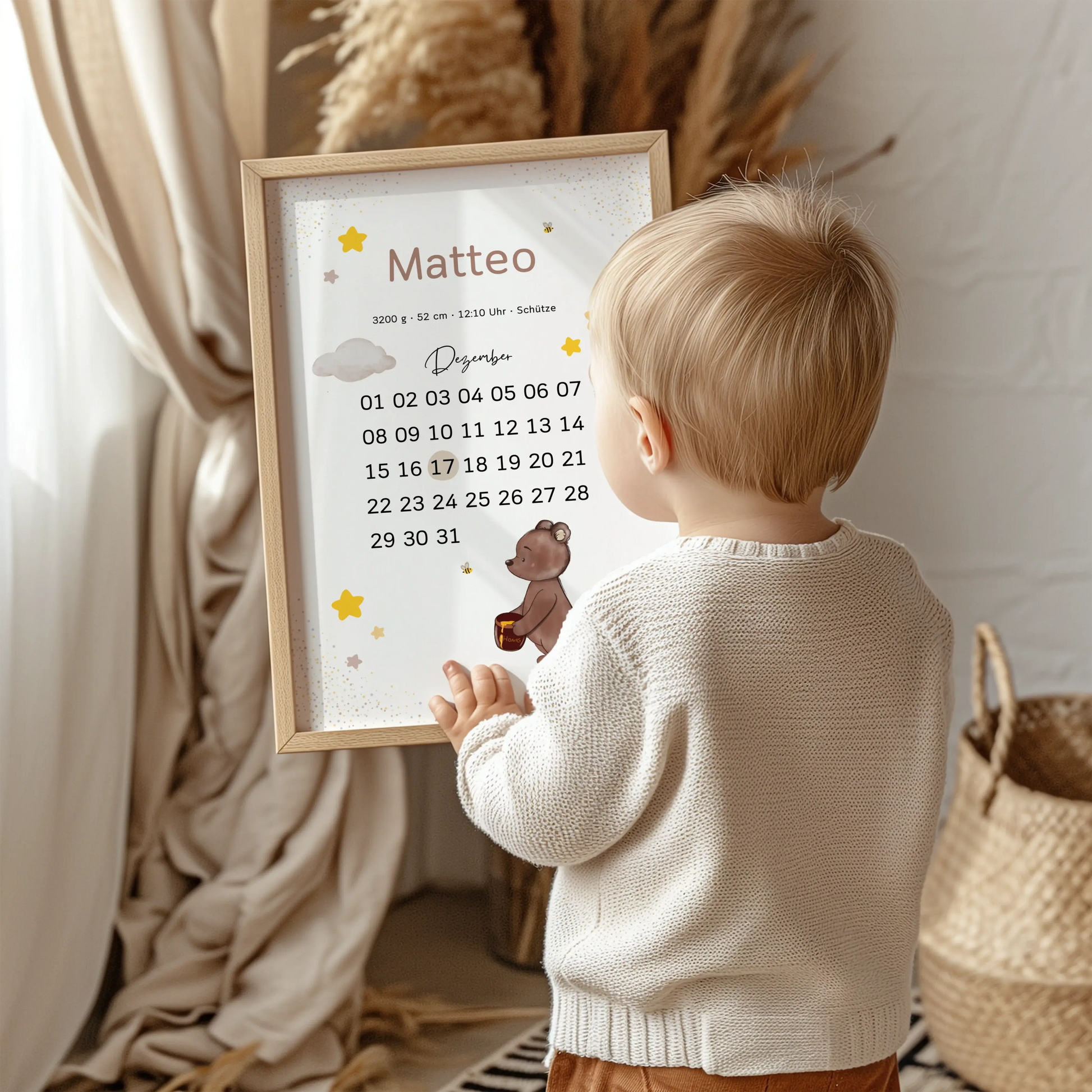 Personalisiertes Geburtsdatum-Poster – Kalenderdesign mit markiertem Tag, Geburtsdaten und Regenbogen