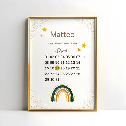 Personalisiertes Geburtsdatum-Poster – Kalenderdesign mit markiertem Tag, Geburtsdaten und Regenbogen
