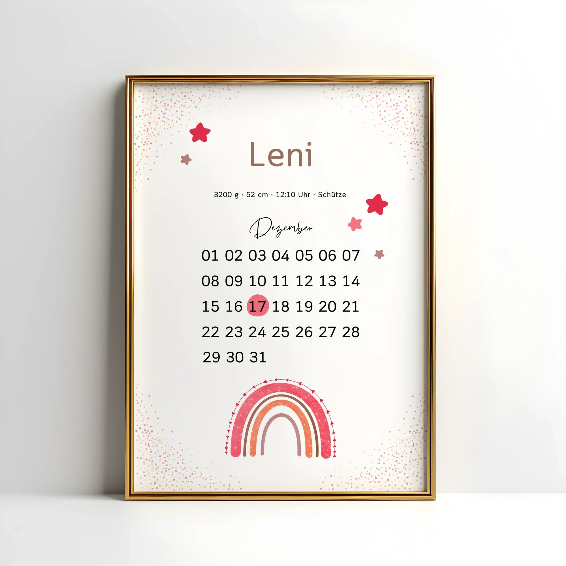 Personalisiertes Geburtsdatum-Poster – Kalenderdesign mit markiertem Tag, Geburtsdaten und Regenbogen