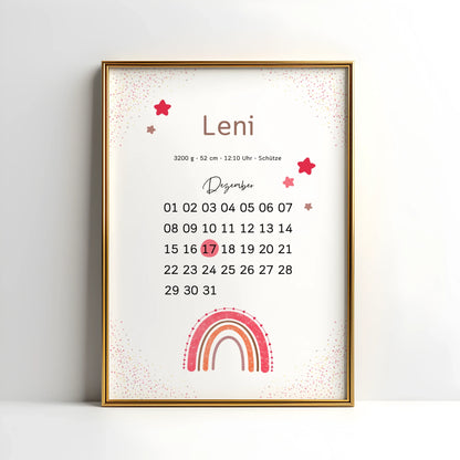 Personalisiertes Geburtsdatum-Poster – Kalenderdesign mit markiertem Tag, Geburtsdaten und Regenbogen