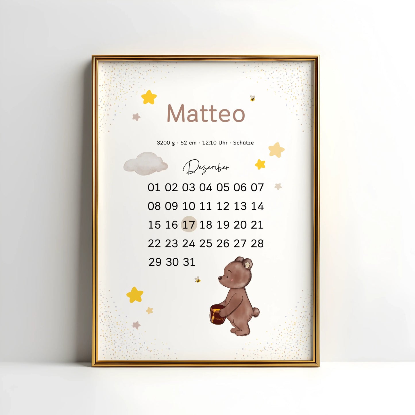 Personalisiertes Geburtsdatum-Poster – Kalenderdesign mit markiertem Tag, Geburtsdaten und Regenbogen