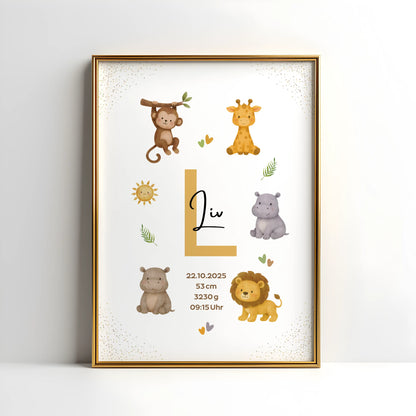 Personalisiertes Geburtsposter Safari – Baby Poster mit Namen & Initial - Kibimemories