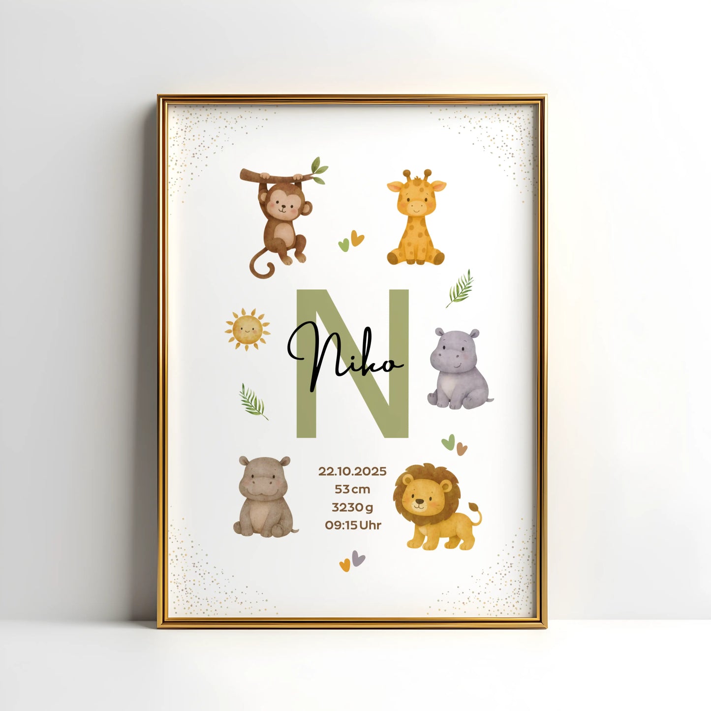 Personalisiertes Geburtsposter Safari – Baby Poster mit Namen & Initial - Kibimemories