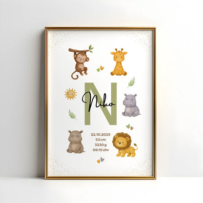 Personalisiertes Geburtsposter Safari – Baby Poster mit Namen & Initial - Kibimemories
