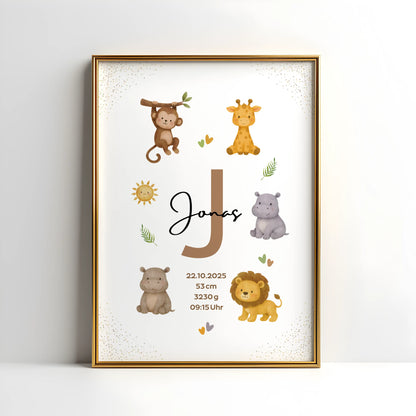 Personalisiertes Geburtsposter Safari – Baby Poster mit Namen & Initial - Kibimemories