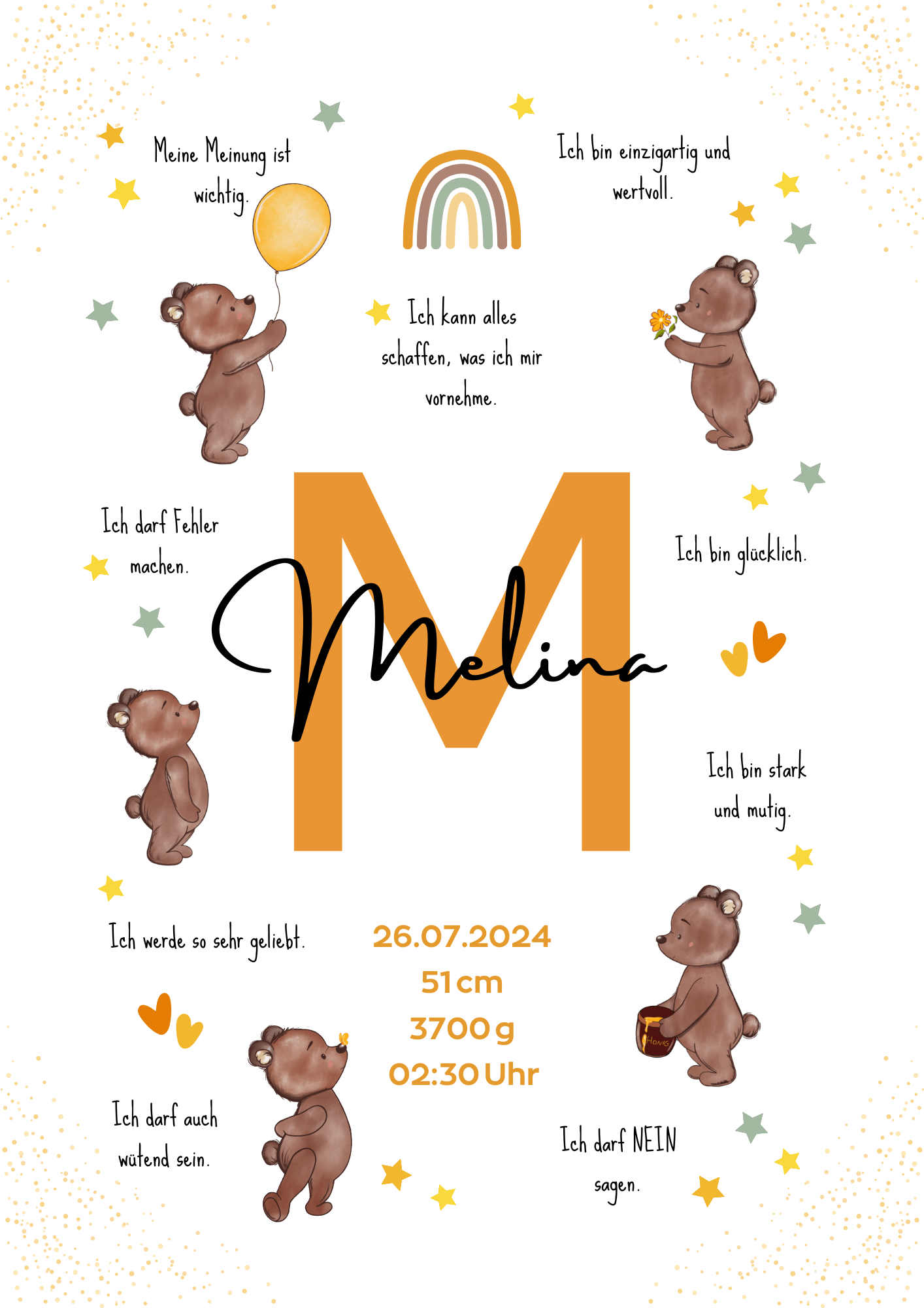 Personalisiertes Affirmationsposter mit Name, Geburtsdaten und liebevollen Botschaften – Geburtsposter mit Bärenmotiv für starke Kinder und das Kinderzimmer