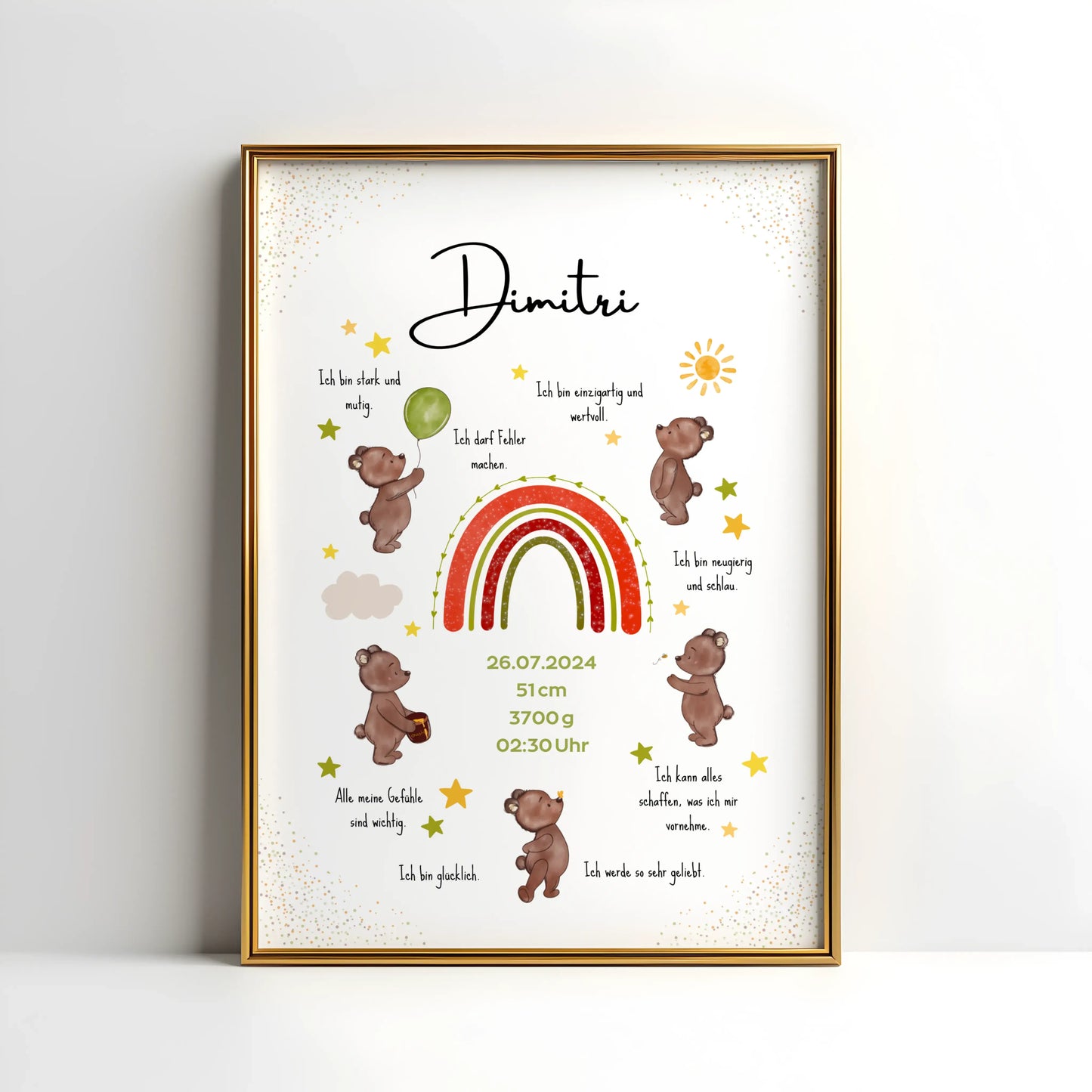 Personalisiertes Affirmationsposter mit Name, Geburtsdaten und liebevollen Botschaften – Geburtsposter mit Bärenmotiv für starke Kinder und das Kinderzimmer