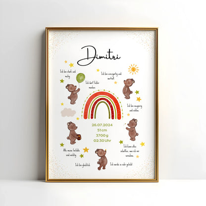 Personalisiertes Affirmationsposter mit Name, Geburtsdaten und liebevollen Botschaften – Geburtsposter mit Bärenmotiv für starke Kinder und das Kinderzimmer