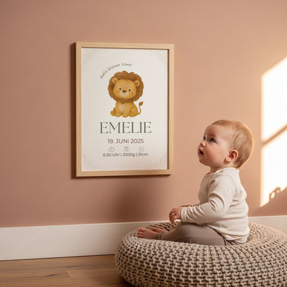 Personalisiertes Geburtsposter Löwe – Minimalistisches Design fürs Kinderzimmer - Kibimemories
