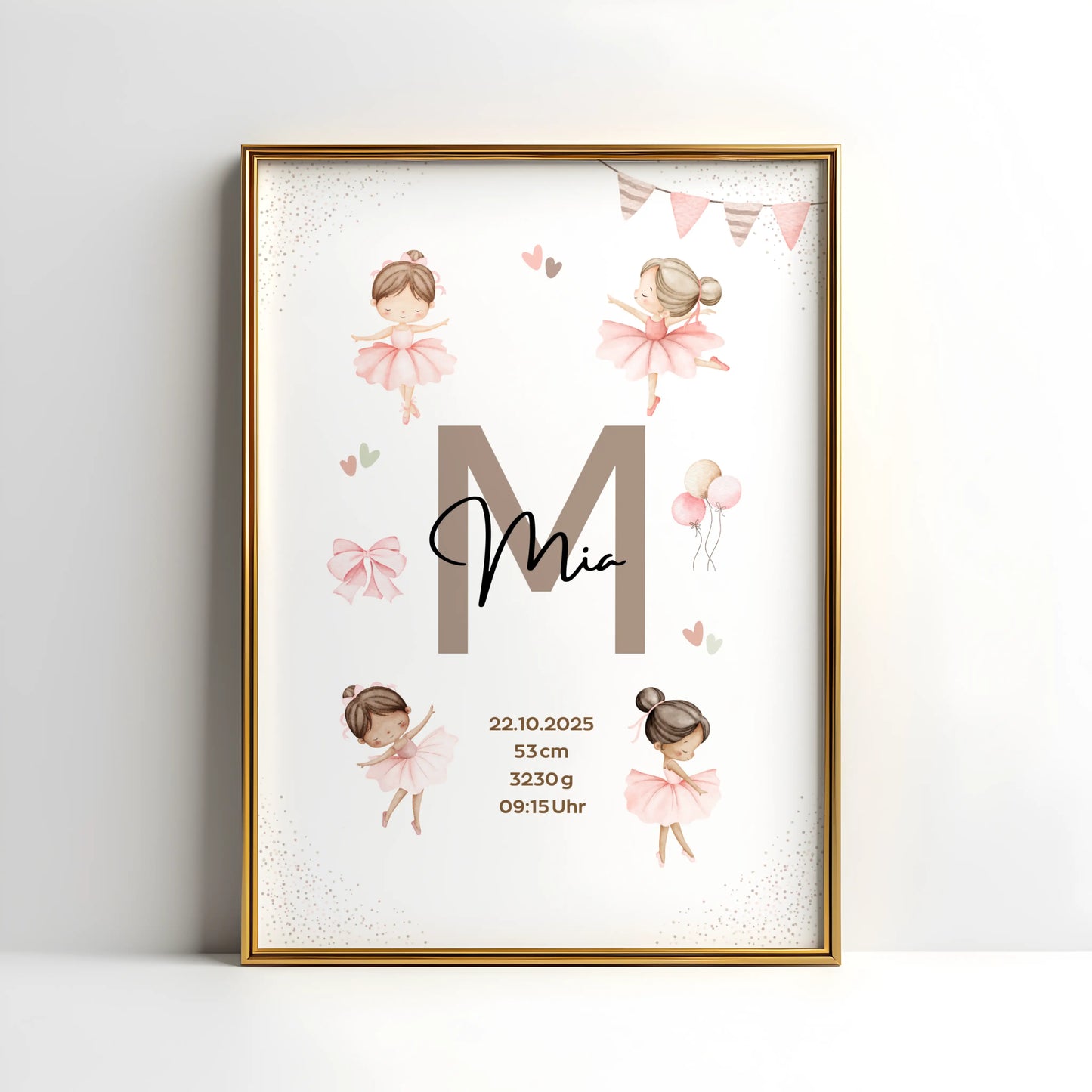 Personalisiertes Geburtsposter Ballerina mit Name Mia und Geburtsdaten im zarten Design.