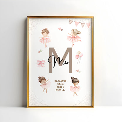 Personalisiertes Geburtsposter Ballerina mit Name Mia und Geburtsdaten im zarten Design.