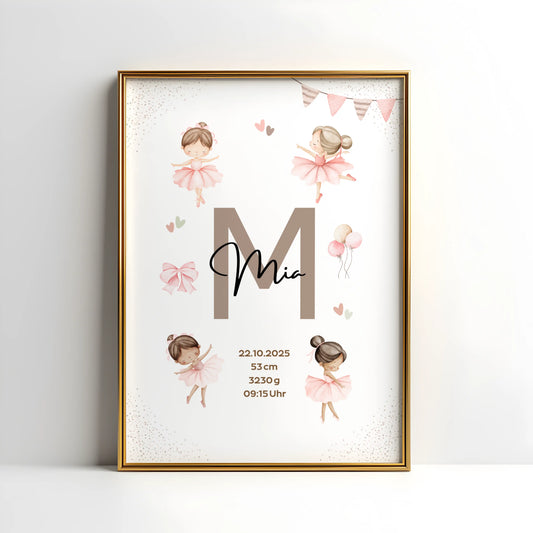 Personalisiertes Geburtsposter Ballerina mit Name Mia und Geburtsdaten im zarten Design.