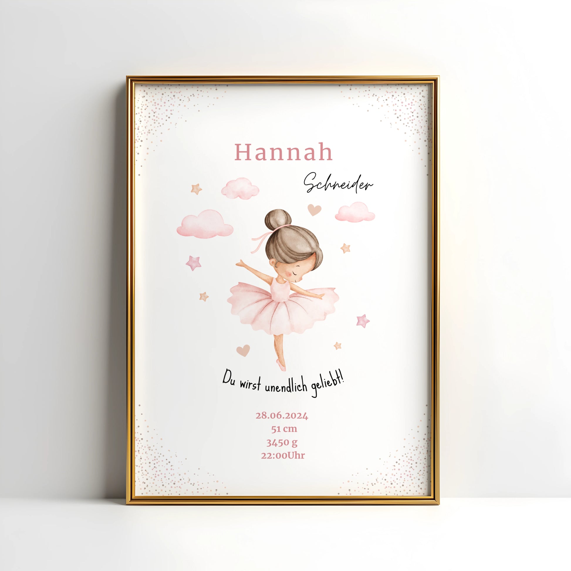 personalisiertes Geburtsposter Babyposter als Geschenk zur Geburt mit Ballerina Motiv und wichtigen Geburtsinformationen für Mädchen