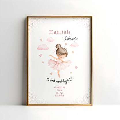 personalisiertes Geburtsposter Babyposter als Geschenk zur Geburt mit Ballerina Motiv und wichtigen Geburtsinformationen für Mädchen