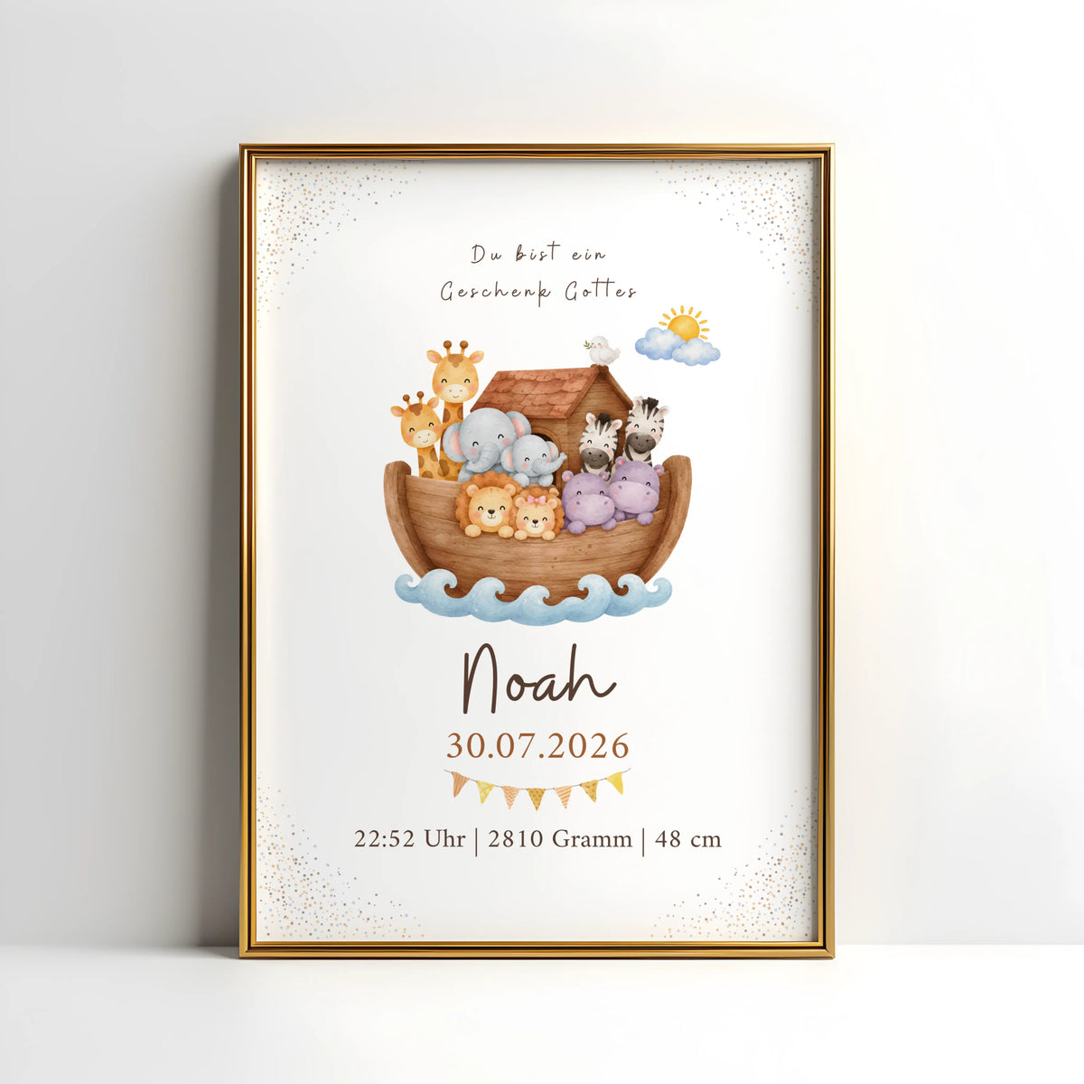 Christliches Geburtsposter Arche Noah mit Tieren, personalisiert mit Namen und Geburtsdatum, süßes Design.