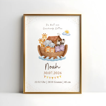 Christliches Geburtsposter Arche Noah mit Tieren, personalisiert mit Namen und Geburtsdatum, süßes Design.