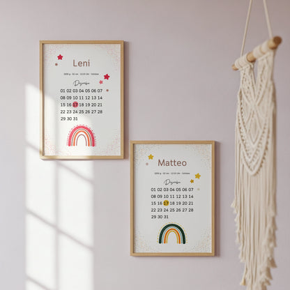 Personalisiertes Geburtsposter im Kalenderstil mit Regenbogen von Kibimemories