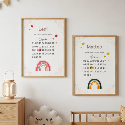 Süßes personalisiertes Geburtsposter im Kalenderstil mit Geburtsdatum und Name und Regenbogen von Kibimemories als Geschenk zur Geburt