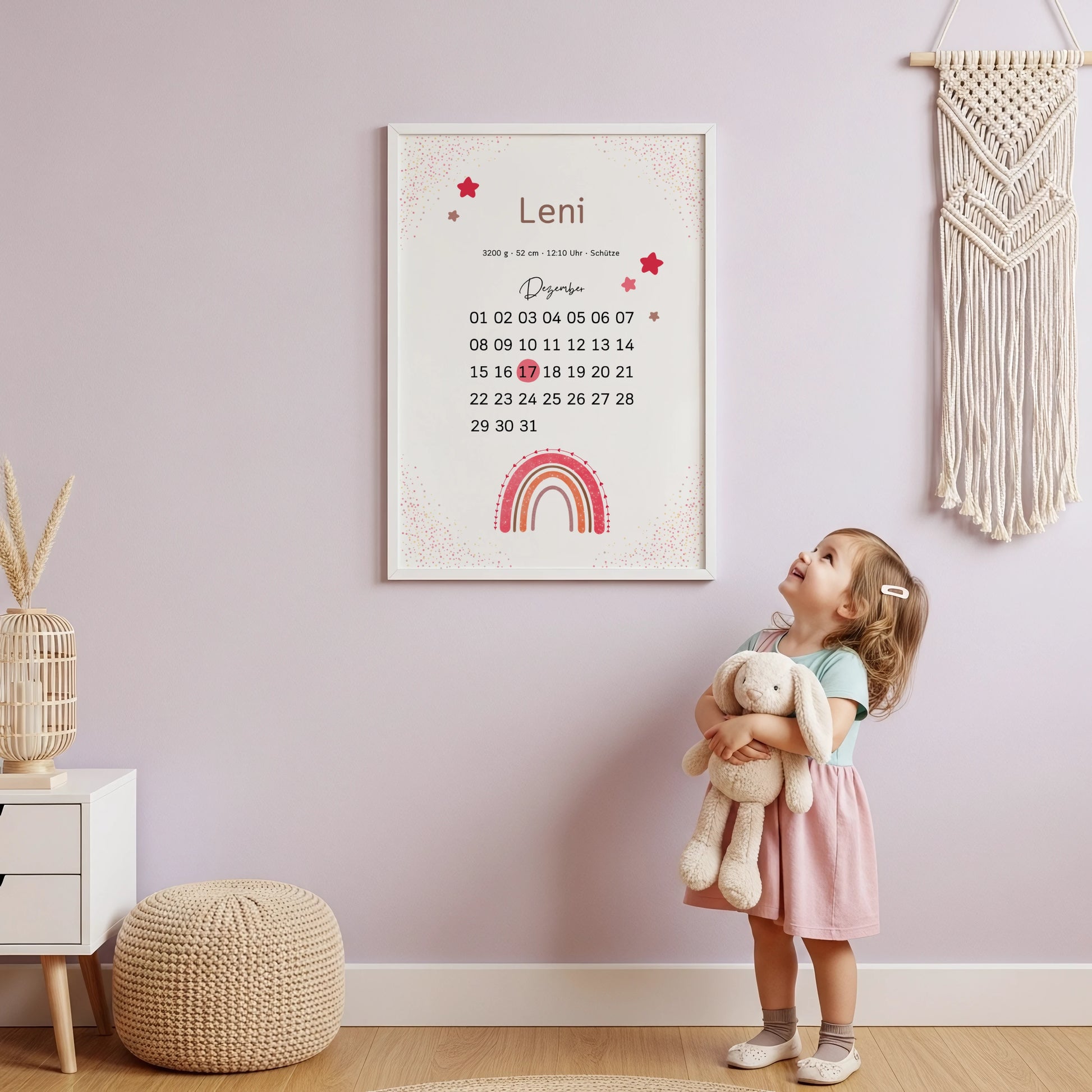 Personalisiertes Geburtsposter im Kalenderstil in Rosa mit Regenbogen für Maedchen von Kibimemories