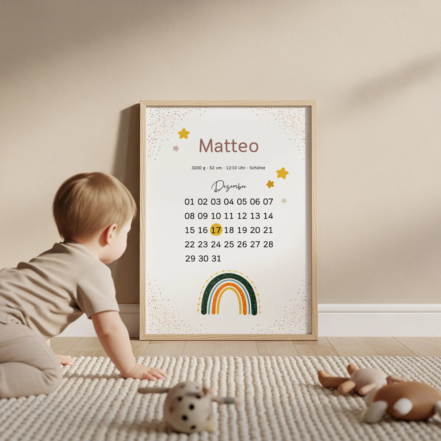 Personalisiertes Geburtsposter im Kalenderstil mit Regenbogen fürs Kinderzimmer zur Dekorationvon Kibimemories