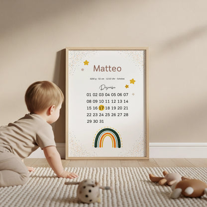 Personalisiertes Geburtsposter im Kalenderstil mit Regenbogen fürs Kinderzimmer zur Dekorationvon Kibimemories