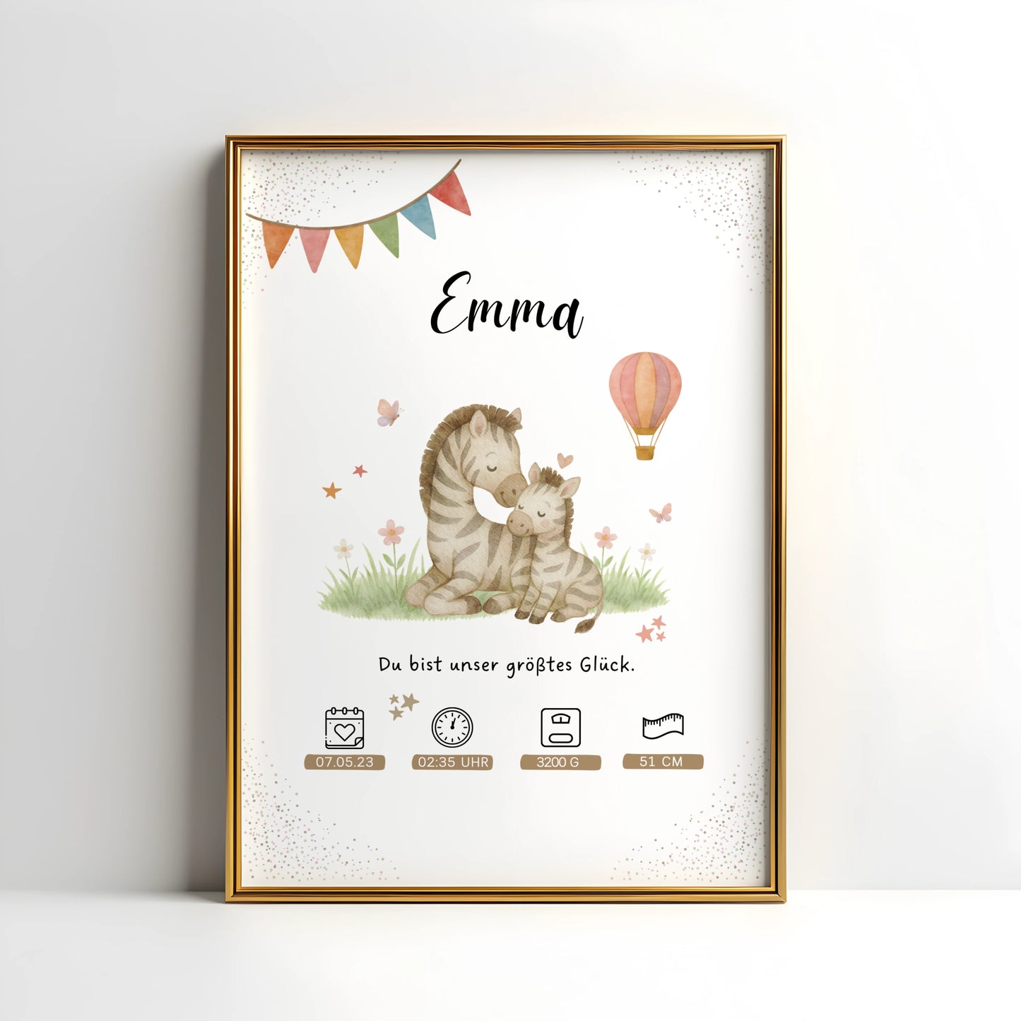 Personalisiertes Geburtsposter mit Mama Zebra und Baby Zebra von Kibimemories