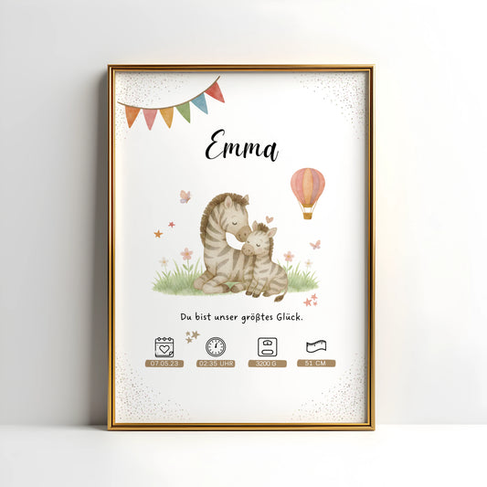 Personalisiertes Geburtsposter mit Mama Zebra und Baby Zebra von Kibimemories