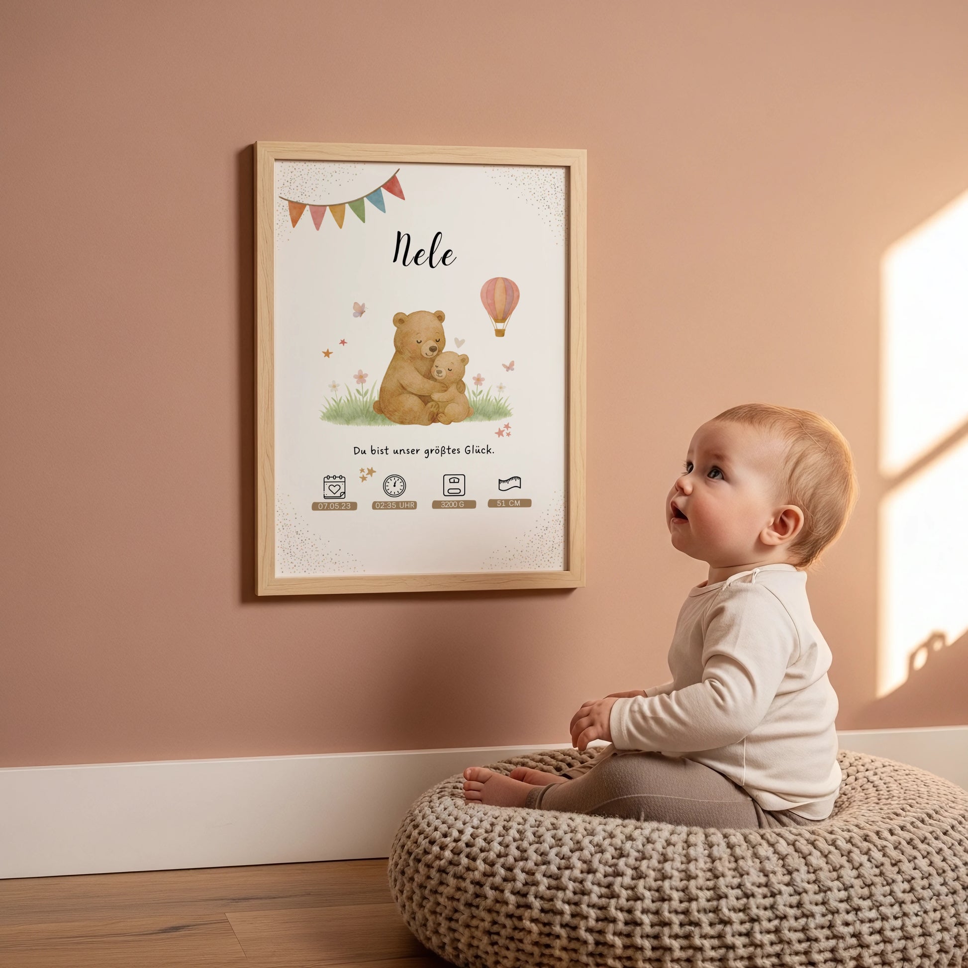 Liebevolles personalisiertes Geburtsposter Mama und Bär Poster mit Name und Geburtsdaten