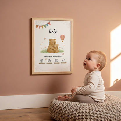 Liebevolles personalisiertes Geburtsposter Mama und Bär Poster mit Name und Geburtsdaten
