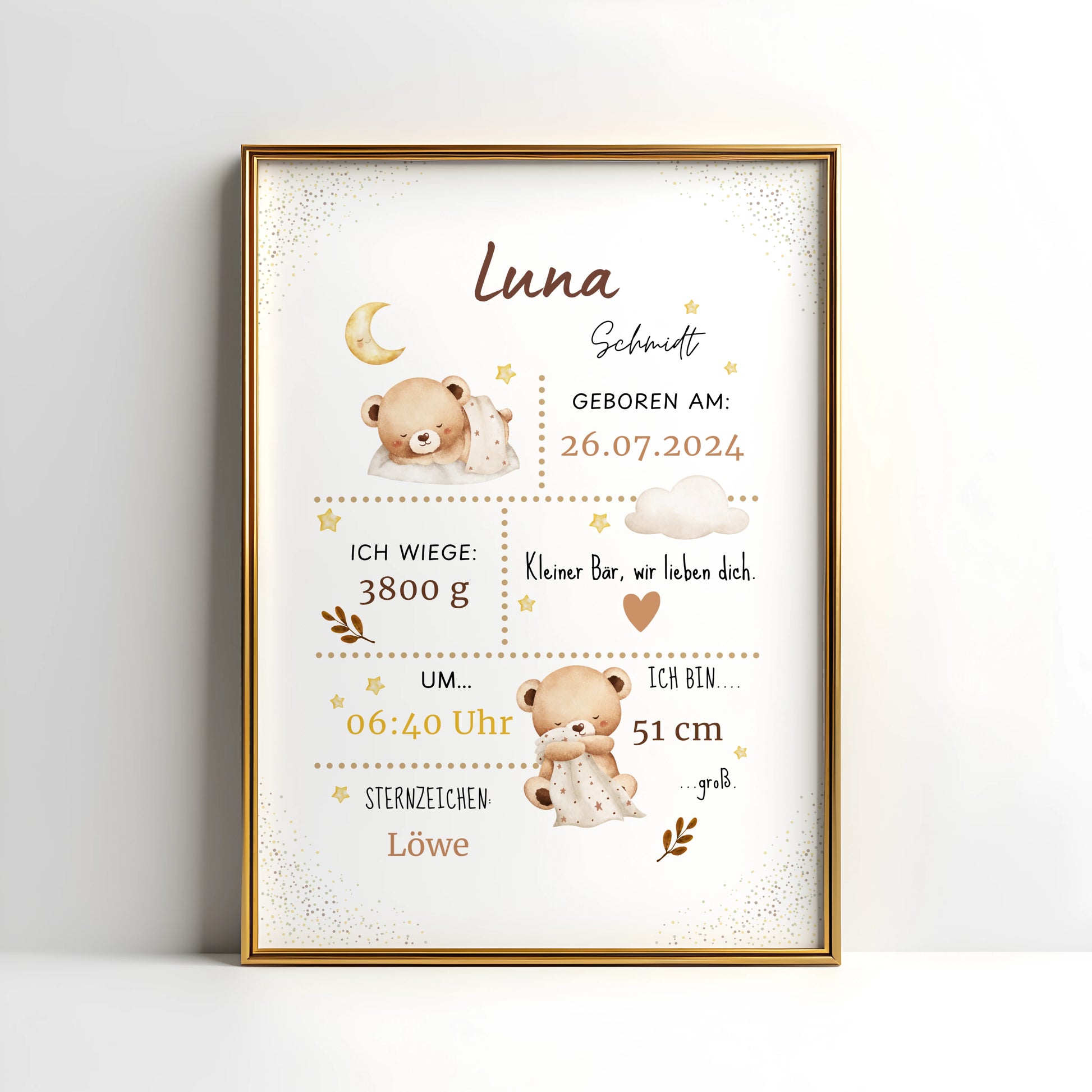 Niedliches personalisiertes Geburtsposter mit Bärchen, Mond und individuellen Geburtsdaten für Babys
