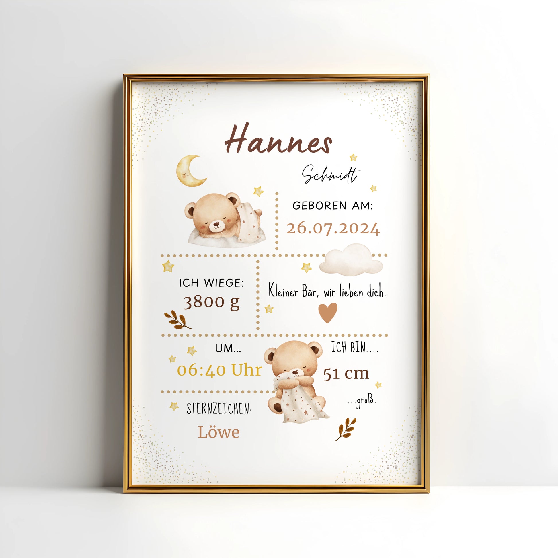 Liebevolles personalisiertes Geburtsposter Babyposter mit Bär, Mond, Sternen und Geburtsdaten in sanften Naturtönen