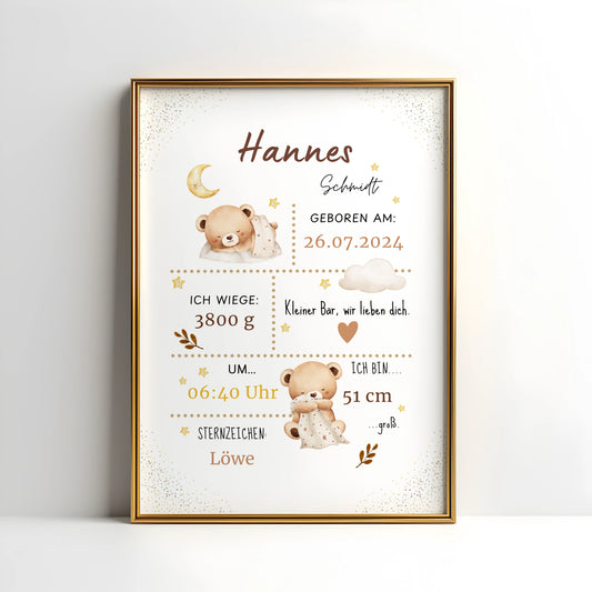 Liebevolles personalisiertes Geburtsposter Babyposter mit Bär, Mond, Sternen und Geburtsdaten in sanften Naturtönen