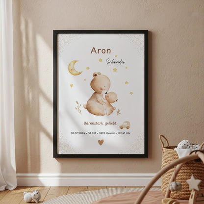 Niedliches personalisiertes Geburtsposter als Geschenk zur Geburt und Wanddekoration von Kibimemories mit Bärenmama und Bär